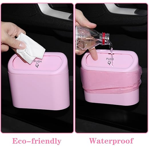 Car Trash Can Bin with Lid - 2 Packs Universal Vehicle Mini Leakproof Garbage Can Bin with 40pcs Trash Bags Can Organizer Storage for Front Back Seat Accessories for Auto Office Bedroom Home(Pink)