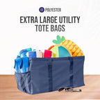 Extra Large Utility Tote Bag - Oversized Collapsible Reusable Wire Frame Rectangular Canvas Basket With Two Exterior Pockets For Beach, Pool, Laundry, Car Trunk, Storage - Navy Blue