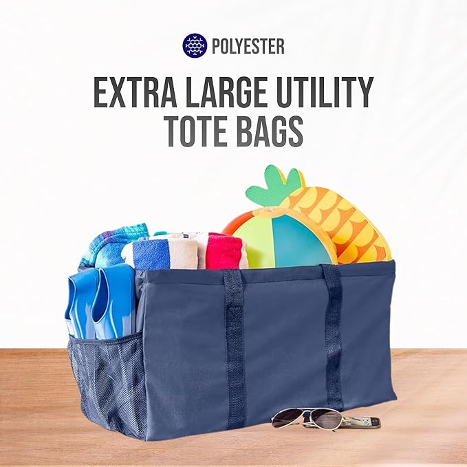 Extra Large Utility Tote Bag - Oversized Collapsible Reusable Wire Frame Rectangular Canvas Basket With Two Exterior Pockets For Beach, Pool, Laundry, Car Trunk, Storage - Navy Blue