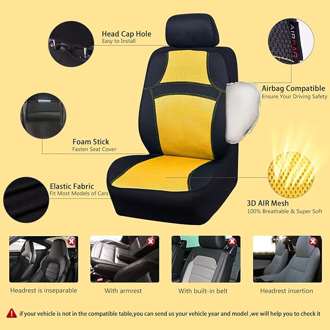 CAR PASS Universal 13PCS 3D Air Mesh-100% Breathable Seat Covers Full Sets Steering Wheel&Belt Cover Airbag and Rear Split Bench Compatible for 90% Automotive SUV Truck Cute Women Black Yellow