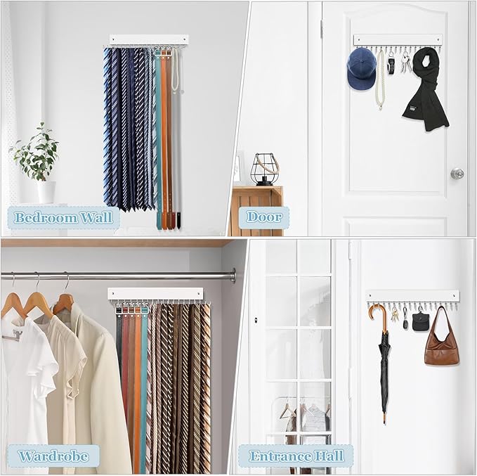 Tie Rack Belt Hanger Wall Mounted, Lomrsiul Non Slip 180 Degree Rotating Tie Organizer for Men Closet with 18 Hooks Closet Or