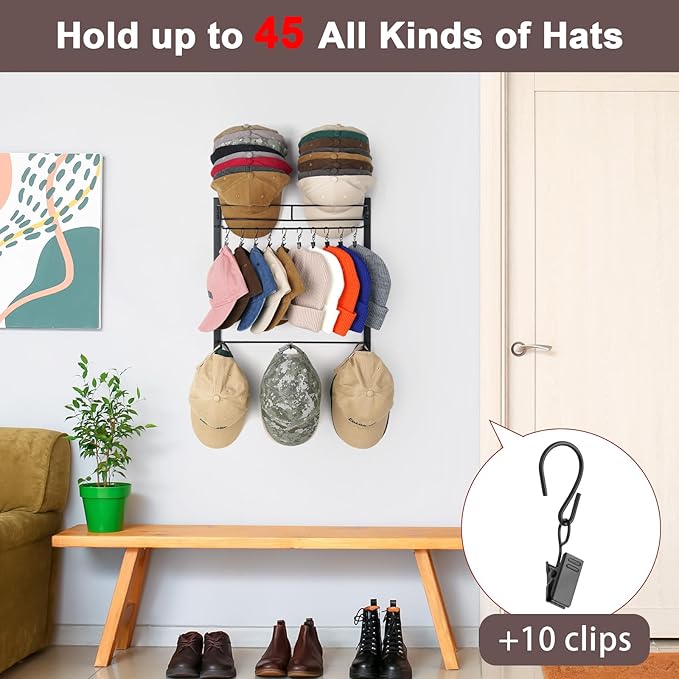 Hat Rack for 45 Baseball Caps with 10 Clips 3 Tier Hat Organizer for Wall Multi-functional Hat Hanger Metal Hat Holder at Clo