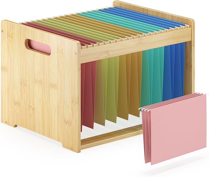 Hanging File Organizer Box for Letter Size, Bamboo File Folder Organizer, Storage Moving Boxes with Handle Wood Desk Filing B