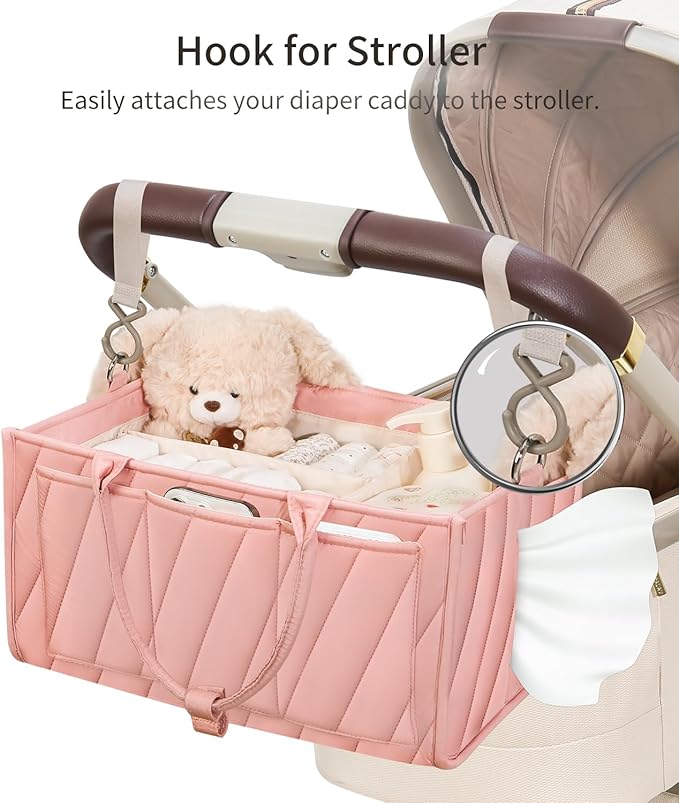 Pink Diaper Caddy Organizer – Portable Storage Basket with Shoulder Strap & Stroller Hooks, Splashproof Quilted Nursery & Car