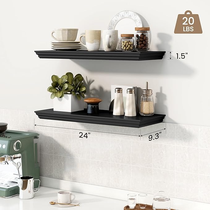 Axeman 24 Inch Floating Shelves for Wall, 9.3" Deep Crown Molding Wood Display Shelf with Heavy Duty Invisible Brackets for L