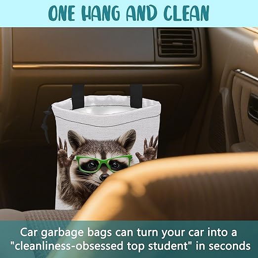 Car Garbage Bag Cute Raccoon Wear Green Glasses Drawstring Car Trash Bag Hanging for Back Seat with Adjustable Buckle Canvas Vehicle Trash Can Easy-to-Install