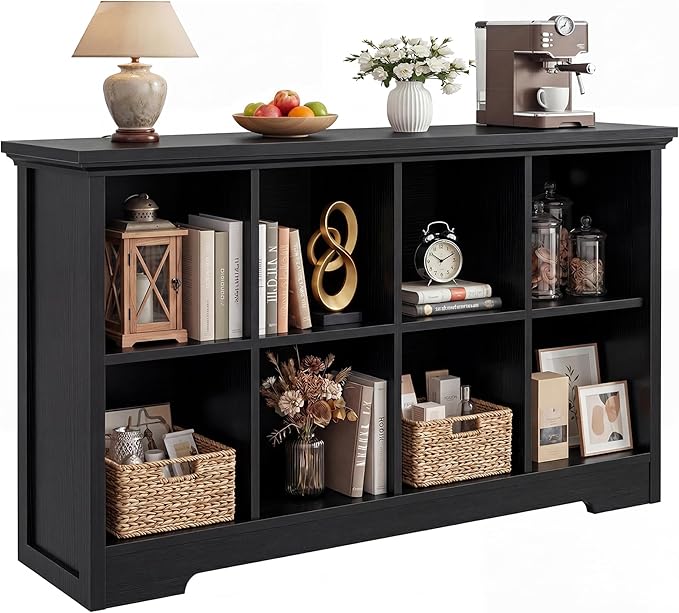 Aheaplus Wooden 8-Cube Storage Organizer with Charging Ports, Modern Cube Bookcase with Base, 3-Tier Floor Standing Open Cubb