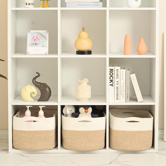 ICERZCZ Large Storage Baskets for Organizing Shelves, Woven Cotton Rope Bins for Baby Nursery Organization, Book Toy Towel Or