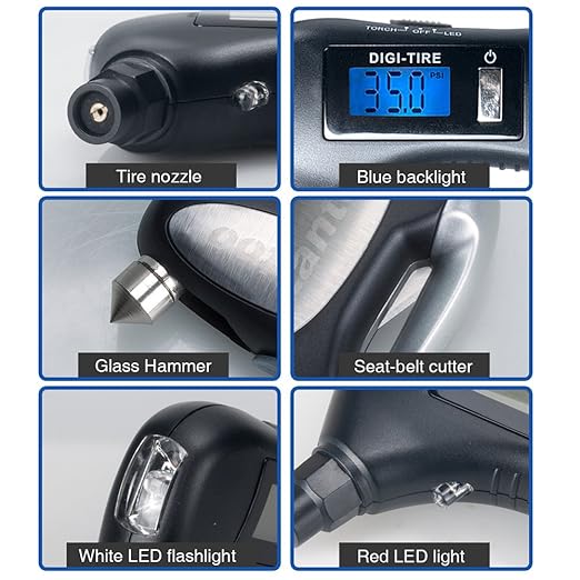 Digital Tire Pressure Gauge 150 PSI – 5-in-1 Emergency Tool for Cars, Trucks & Bikes – Includes Seatbelt Cutter, Window Breaker, LED Flashlight & Red Safety Light - 1 Pack