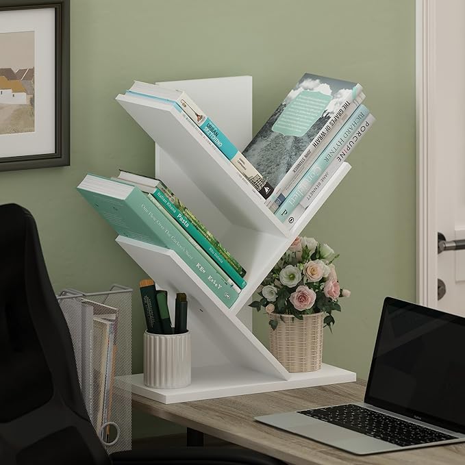 Furinno Tree Book Shelf, 3-Tier Bookshelf with Angled Open Shelf, Tree Bookcase for Room Decor, 8.4 x 15.7 x 21.3, for Organi