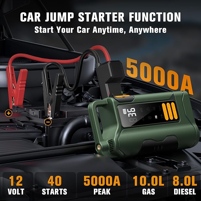 Jump Starter with Air Compressor,5000A Car Battery Jumper Starter, 16000mAh Battery Jumper Starter Portable for 10L