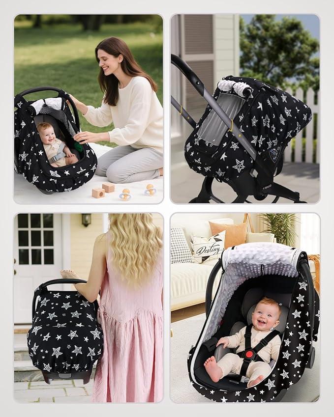 Car Seat Cover Baby Boy, Infant Car Seat Canopy Outdoor, 2 Layers with Mesh and Sun Shade Window for Summer Winter, Easy Acce