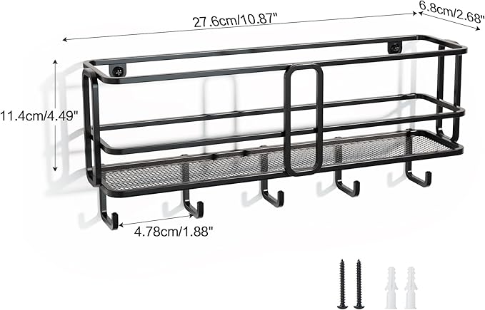 SRIWATANA Key Holder for Wall, Mail Organizer Wall Mount with Metal Storage Basket, Key Holder with 5 Hooks for Entryway, Off