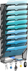 11 Tier Wall File Organizer - Hanging File Organizer with 5 Hooks, Mail Holder Wall Mounted for Papers, Folders, Magazines, B
