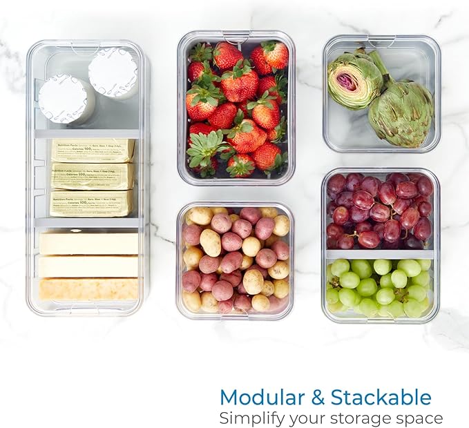 iDesign Crisp 5-Piece Recycled Plastic Refrigerator Organizer Bin Set with Lids, Clear/Gray