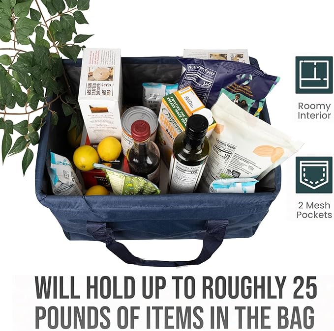 Extra Large Utility Tote Bag - Oversized Collapsible Tote with Wire Frame, Durable Reusable for Beach, Groceries, Laundry, Car Trunk, Storage and Travel - Includes 5x7 Bag with Hook - Navy Blue