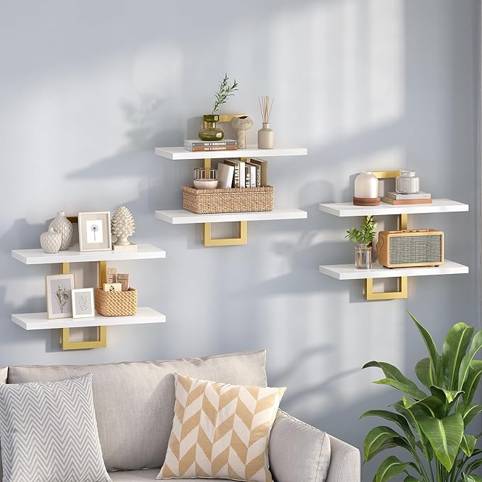HOOBRO Floating Shelves, 15 Inch Wall Shelf Set of 3, Wall Mounted Storage Shelves 2-Tier, Hanging Bathroom Shelves, for Livi