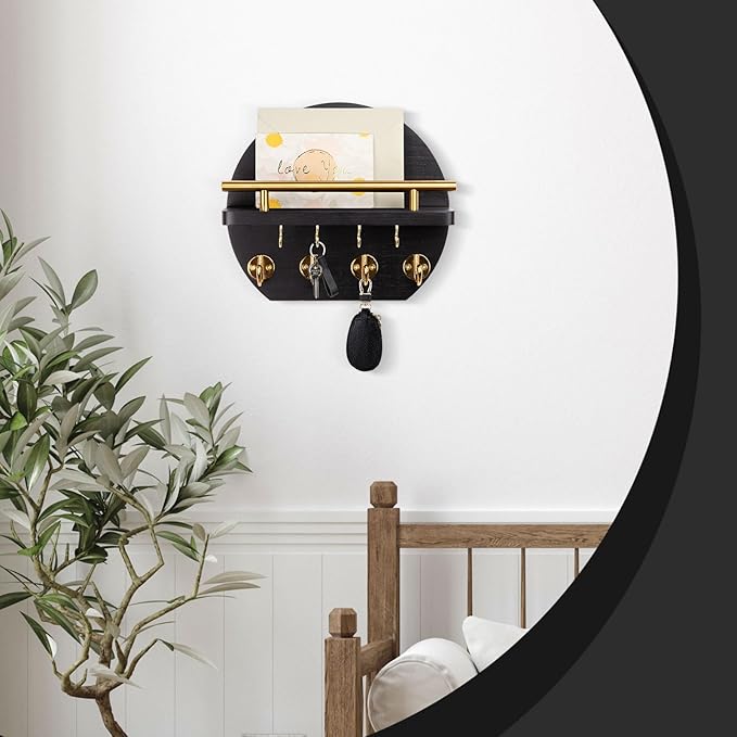 Nekon Key Holder for Wall - 9.8 Inch Apartment Wall Decor with Shelf and 8 Key Hooks, Circular Wood Key Hanger for Home Decor