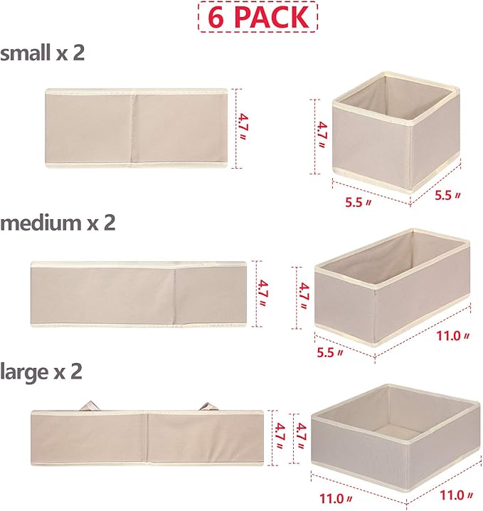 DIOMMELL 6 Pack Foldable Cloth Storage Box Closet Dresser Drawer Organizer Fabric Baskets Bins Containers Divider with Drawer