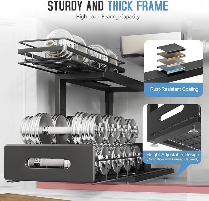 Under Sink Organizer Upgrade To Professional Rails,2-Tier Dual Pull Out Cabinet Storage,Height Adjustable Slide Out Drawers F