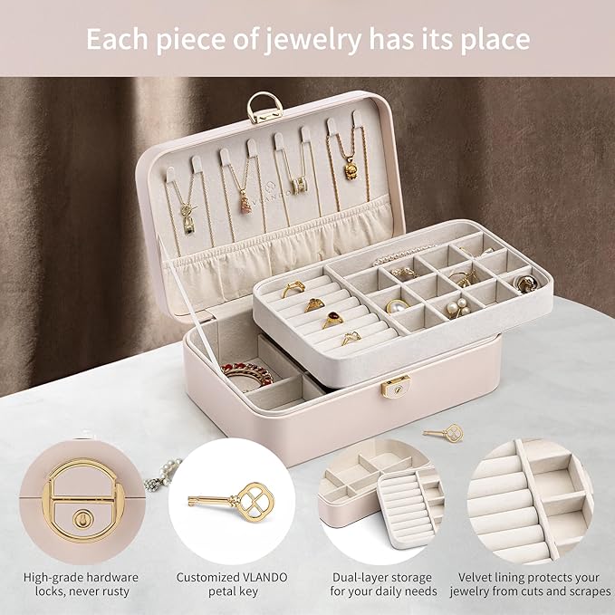 Vlando 2-Layer Jewelry Box,Valentines Day Gifts for Her Jewelry Organizer for Women Removable Jewelry Tray for Earrings Neckl