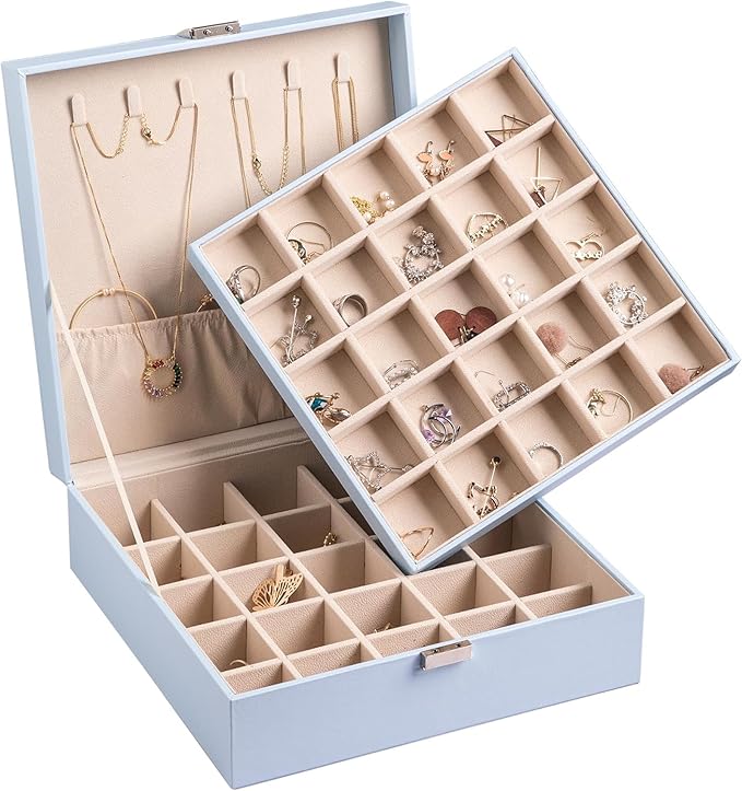 Frebeauty Earring Organizer Classic Jewelry Box 50 Slots Double Layer Jewelry Storage Case with 6 Necklace Hook and Bracelet 