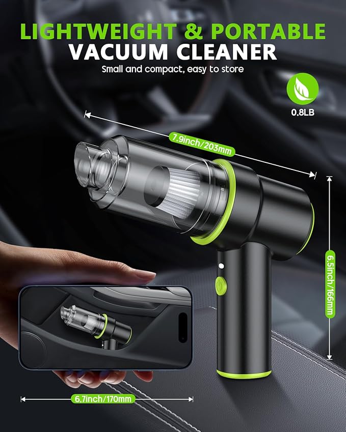 CODN Handheld Car Vacuum Portable Cordless 12000PA, 2 in 1 Handheld Vacuum Cleaner and Air Duster with Multi-Nozzles and LED 