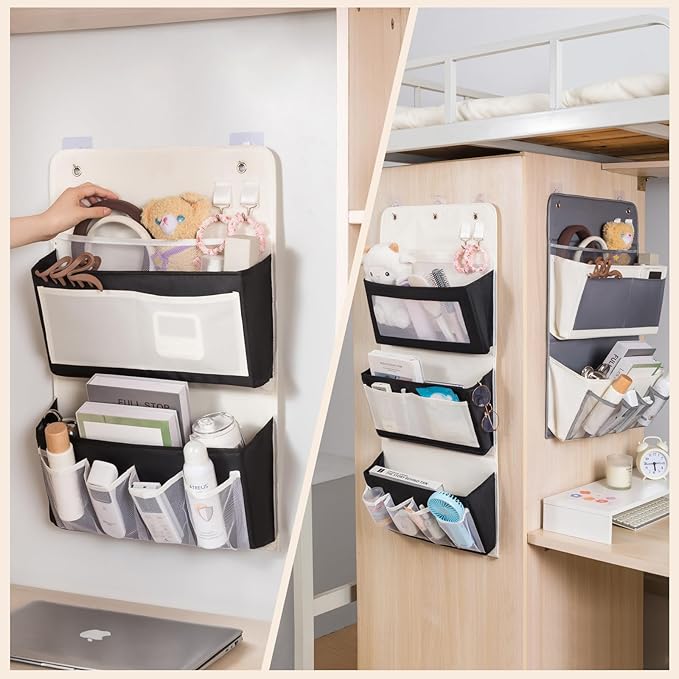 Over Door Storage Organizer, Multi-Pocket Hanging Organizer with Mesh Pockets, Wall Mount Storage Bags, Black and White (blac