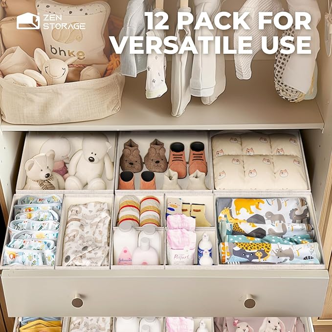 Cotton Linen Drawer Organizer for Baby Clothes, 12Pack Multi-Size Nursery Dresser Dividers for Clothes, Premium Foldable Stor