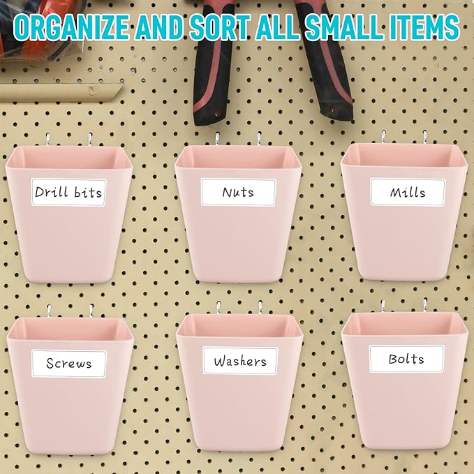G.CORE Large Pegboard Cups Peg Board Storage Bin 6 Pack with Hooks, Square Box Shape Pegboard Cup Holder Accessories for Gara