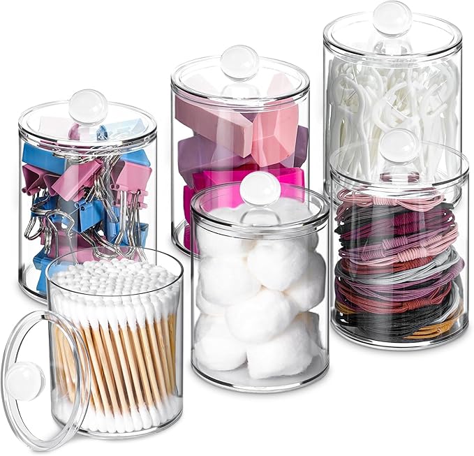 XIPENGKEJI 6 Pack Qtip Holder,Canister Apothecary Jar Set, Bathroom Jars with Lids Set for Cotton Swabs, Balls, Pads, Floss P
