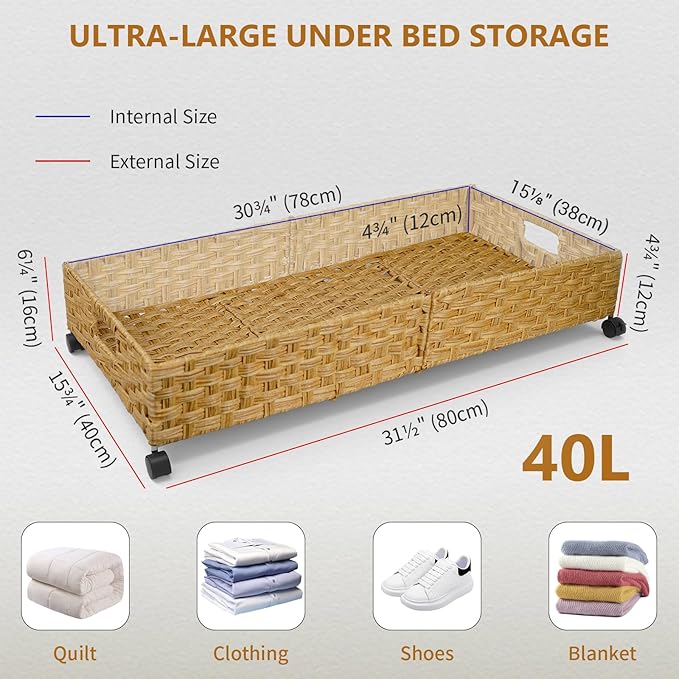 Under Bed Storage Containers with Wheels, 31.5” Large Handwoven Rattan Rolling UnderBed Storage Bins, Tool-free Assembly Natu