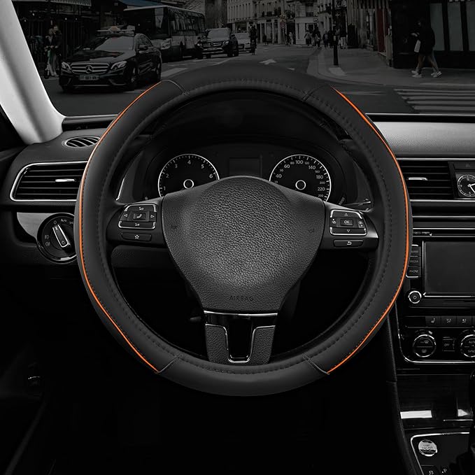 Road Comforts Leather Steering Wheel Cover with Decorative Trim and Piping, Anti-Slip Breathable Design, Fits 14.5–15 Inch Ro
