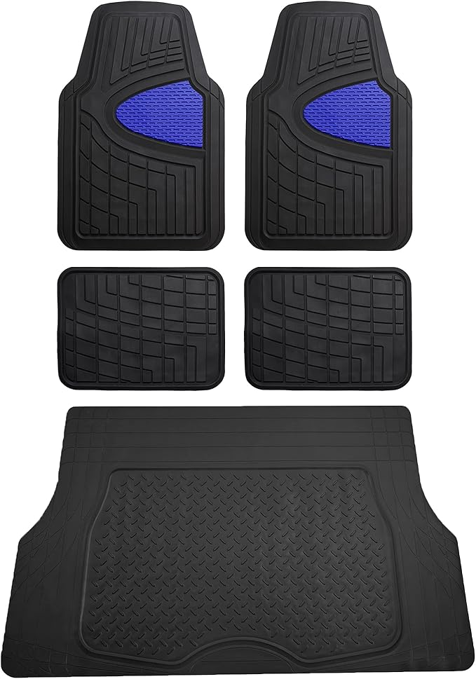 FH Group Premium Liners Tall Channel Trimmable All Weather Rubber Full Set Car Floor Mats (Blue) w. Trimmable All-Season Cargo Liner (Black) - Universal Fit for Cars Trucks and SUVs