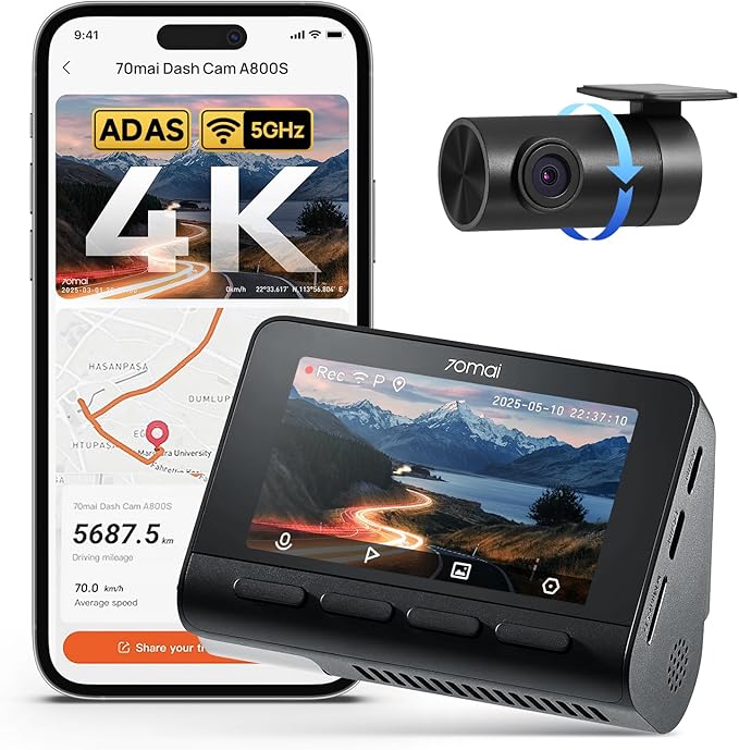 70mai 4K Dash Cam Front and Rear with STARVIS, Dashcam with 5GHz WiFi, GPS Car Camera, Super Night Vision, ADAS, 3'' IPS Scre