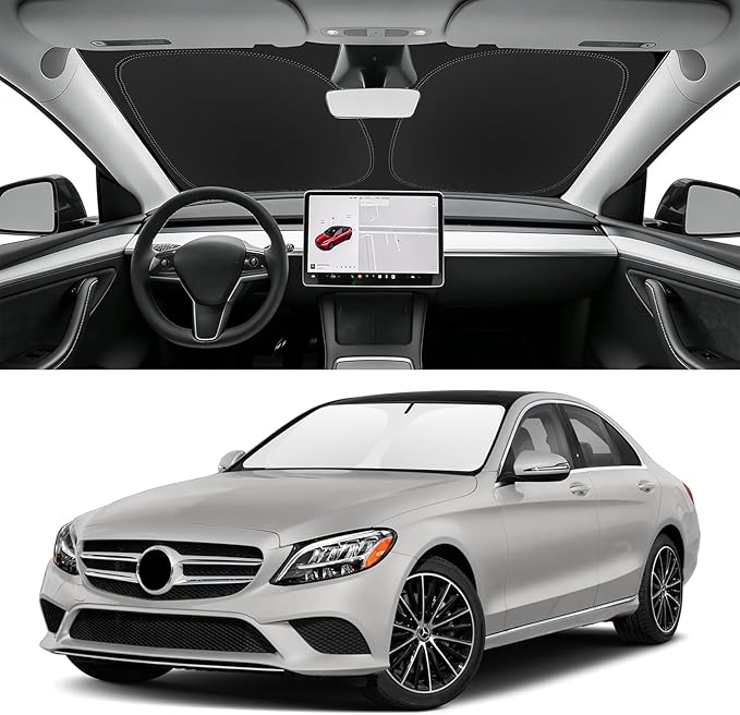 Custom Fit Windshield Sun Shade for Mercedes-Benz C-Class 2015-2021, Foldable Car Sunshade Accessories with Storage Bag, UV & Heat Reflector, Keep Your Car Cooler