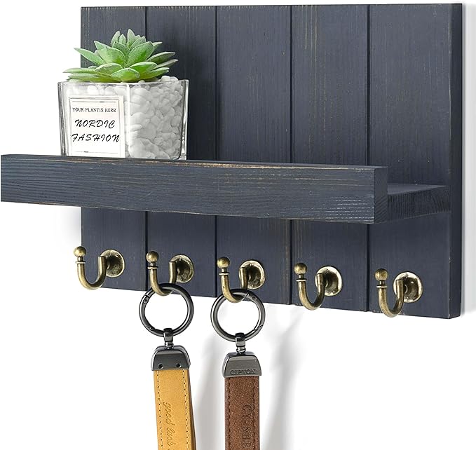 Rebee Vision Pine Wood Key Holder Wall Mount with Floating Shelf – Farmhouse Key Holder for Wall to Elevate Home Decor – Mail