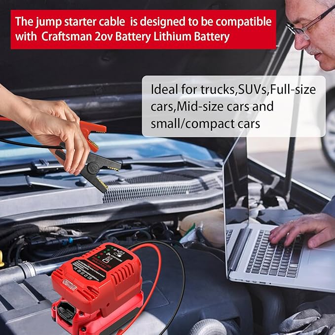 Jump Starter Adapter for Craftsman 20V V20 Li-ion Battery Powered with Jumper Cable Clamps Portable Car Charger Jump Starter(Battery Not Included)