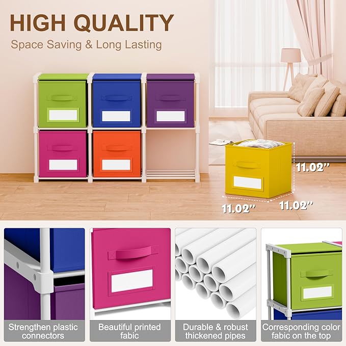 Geelin 6 Cube Toys Storage Organizer with Fabric Bins and Labels, 11 Inch Collapsible Cubby Storage Drawers Colorful Dresser 