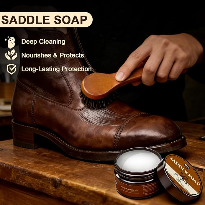 Leather Care Kit - Leather Polish, Cleaning & Conditioning Kit with 100g Saddle Soap & 100g Leather Oil, 2 Horsehair Brushes,