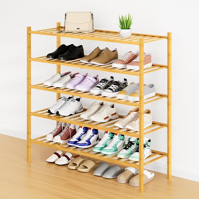 Smiry Shoe Rack, 5 Tier Long Bamboo Shoe Organizer, Stackable Free Standing Wooden Shoe Storage Shelf for Closet, Entryway, F
