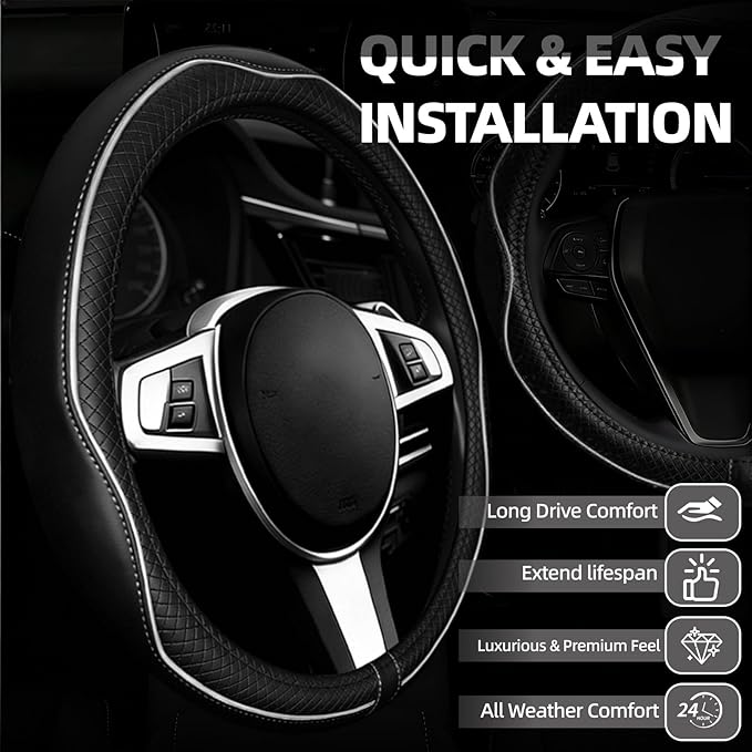 NBTEPEM Microfiber Steering Wheel Cover and Waterproof Car Floor Mats, Universal Fit Most Truck, SUV, Cars, 14.5-15inch Sporty Steering Wheel Covers with Anti-Slip Lining (Black with White line)
