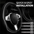 NBTEPEM Microfiber Steering Wheel Cover and Waterproof Car Floor Mats, Universal Fit Most Truck, SUV, Cars, 14.5-15inch Sporty Steering Wheel Covers with Anti-Slip Lining (Black with White line)