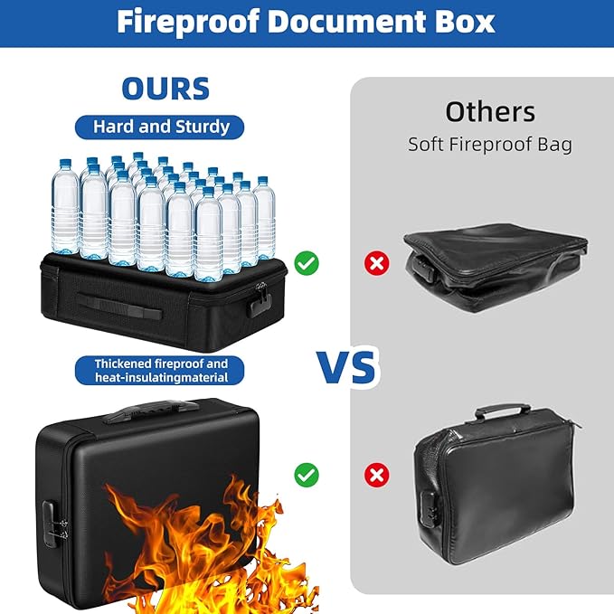 Fireproof Document Box with Lock, Durable Hard Case File Organizer Fire Safe Box, Hard-Shell Design Waterproof Fireproof Safe