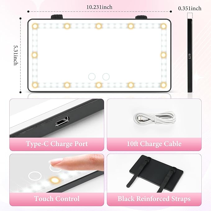 SINGARO 2PCS Car Sun Visor Vanity Mirror - Rechargeable Makeup Mirror with 60 LEDs, 3 Light Modes & Dimmable Touch Control for Cars, Trucks, SUVs, Car Interior Accessories for Women (Black)