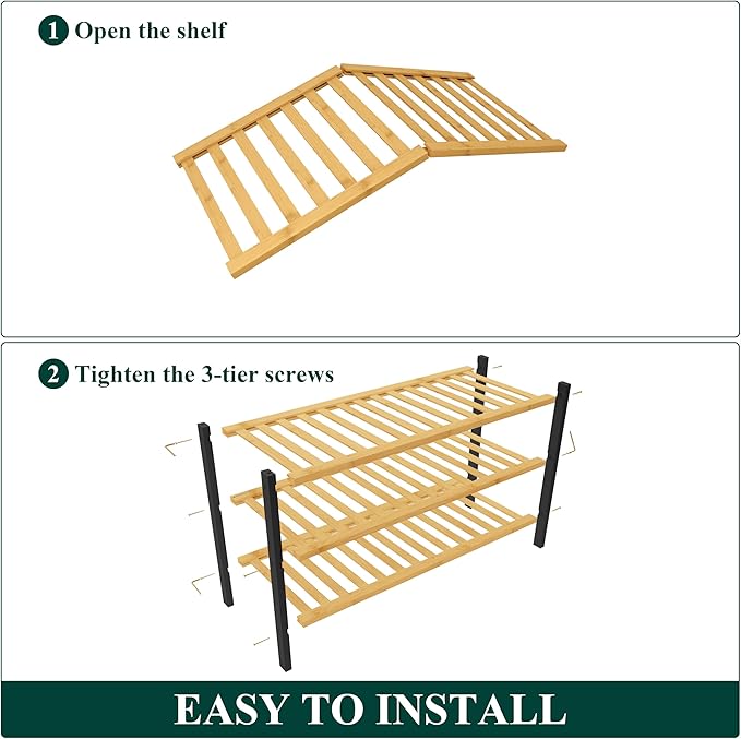 Smiry Bamboo Shoe Rack for Closet, 3 Tier Wooden Stackable Shoe Organizer, Free Standing Shoes Storage Shelf for Entryway, Fr