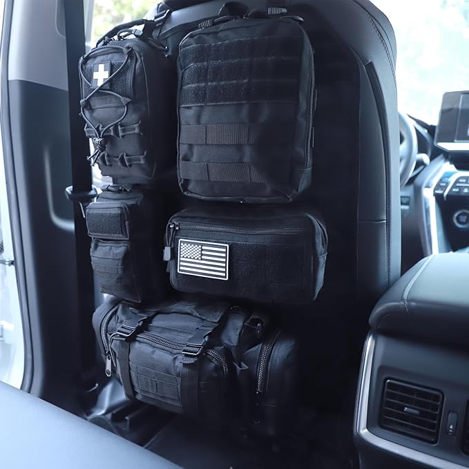 Universal Tactical Car Seat Back Organizer Bag Tactical Molle Vehicle Organizers Panel Vehicle Protector Organizers with 5 Detachable Pouches for Car Truck Ford Jeep (Model B-Black)
