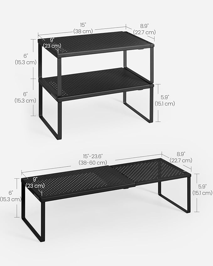SONGMICS Spice Racks, Set of 2 Expandable Kitchen Countertop Shelves, Small Cupboard Organizers, Metal, Space-Saving Tabletop