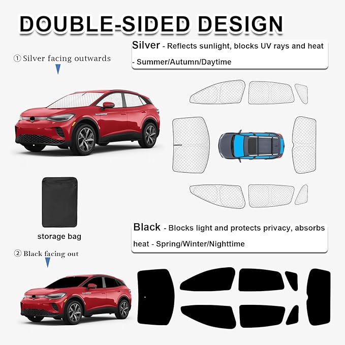 KMF 8pcs Thicken Sun Shades for Volkswagen VW ID.4 2021-2025 2026 Accessories, Full Car Window Covers Sunshade for Windshield Side Rear, UV Block and Blackout Privacy for Car Camping Outdoor