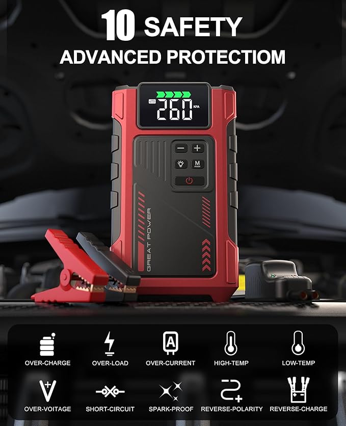 4500A Car Jump Starter with Air Compressor, Portable Battery Charger Jumpstart 12V Vehicle, Power Pack with 150PSI Tire